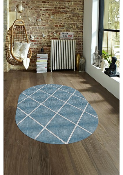 Dijital Kaymaz Yıkanabilir Modern Desen Oval Yolluk Mutfak Salon Halısı, N-O-MODERN-116-MAVİ, fırsatları