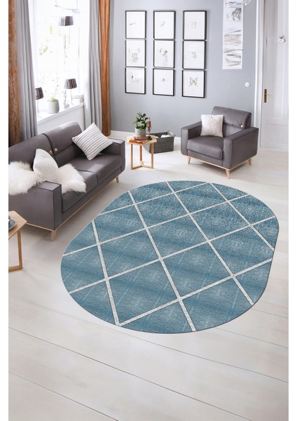 Dijital Kaymaz Yıkanabilir Modern Desen Oval Yolluk Mutfak Salon Halısı, N-O-MODERN-116-MAVİ, indirimleri