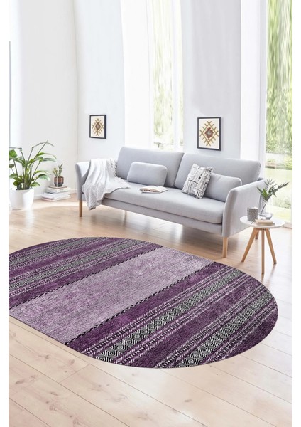 Dijital Kaymaz Yıkanabilir Modern Desen Oval Yolluk Mutfak Salon Halısı, N-O-Modern-83-Mor,