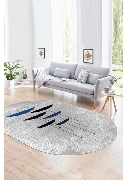 Dijital Kaymaz Yıkanabilir Modern Desen Oval Yolluk Mutfak Salon Halısı, N-O-MODERN-112-MAVİ,