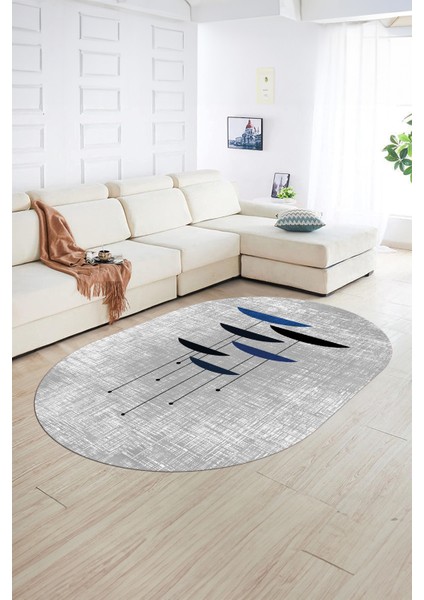 Dijital Kaymaz Yıkanabilir Modern Desen Oval Yolluk Mutfak Salon Halısı, N-O-MODERN-112-MAVİ,
