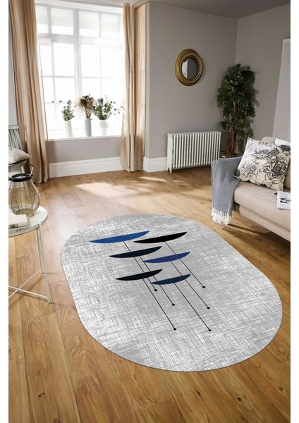Dijital Kaymaz Yıkanabilir Modern Desen Oval Yolluk Mutfak Salon Halısı, N-O-MODERN-112-MAVİ,