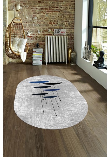 Dijital Kaymaz Yıkanabilir Modern Desen Oval Yolluk Mutfak Salon Halısı, N-O-MODERN-112-MAVİ,