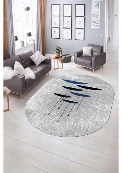 Dijital Kaymaz Yıkanabilir Modern Desen Oval Yolluk Mutfak Salon Halısı, N-O-MODERN-112-MAVİ,