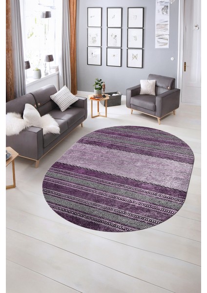 Dijital Kaymaz Yıkanabilir Modern Desen Oval Yolluk Mutfak Salon Halısı, N-O-Modern-83-Mor, indirimleri