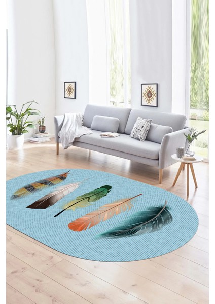 Dijital Kaymaz Yıkanabilir Modern Desen Oval Yolluk Mutfak Salon Halısı, N-O-MODERN-114-MAVİ,