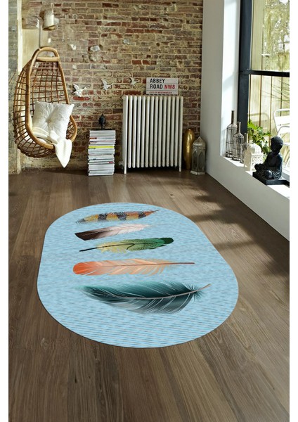 Dijital Kaymaz Yıkanabilir Modern Desen Oval Yolluk Mutfak Salon Halısı, N-O-MODERN-114-MAVİ, fırsatları