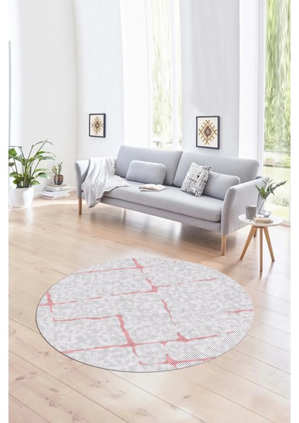 Dijital Kaymaz Taban Yıkanabilir Modern Desen Yuvarlak Mutfak Salon Halısı, N-Y-Modern-72-Pembe,