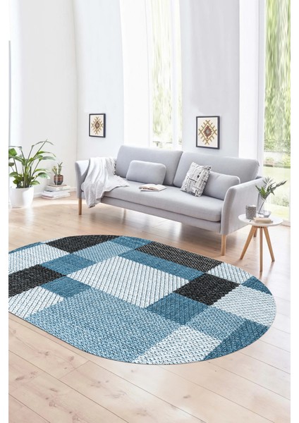 Dijital Kaymaz Yıkanabilir Modern Desen Oval Yolluk Mutfak Salon Halısı, N-O-Modern-77-Mavi,