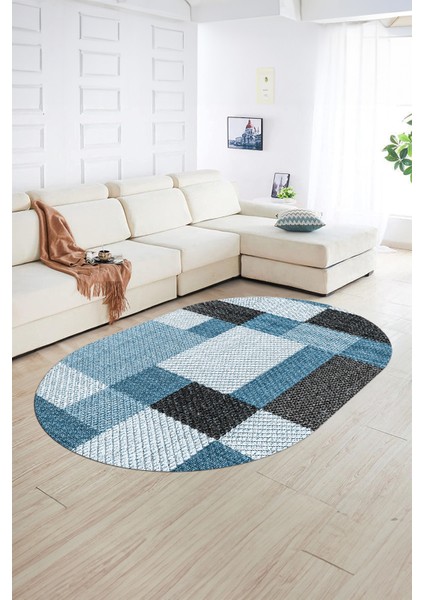 Dijital Kaymaz Yıkanabilir Modern Desen Oval Yolluk Mutfak Salon Halısı, N-O-Modern-77-Mavi, fiyatları