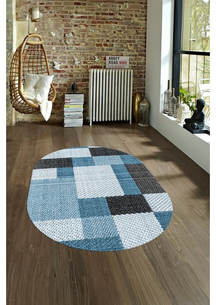 Dijital Kaymaz Yıkanabilir Modern Desen Oval Yolluk Mutfak Salon Halısı, N-O-Modern-77-Mavi, fırsatları