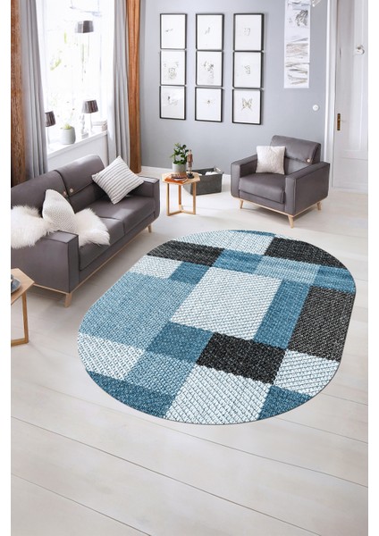 Dijital Kaymaz Yıkanabilir Modern Desen Oval Yolluk Mutfak Salon Halısı, N-O-Modern-77-Mavi, indirimleri