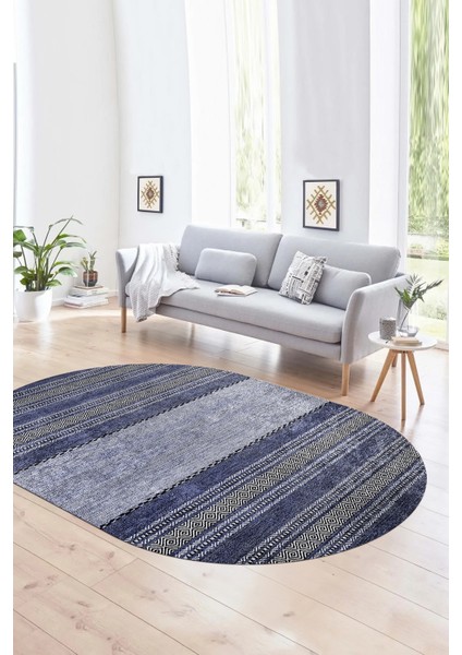 Dijital Kaymaz Yıkanabilir Modern Desen Oval Yolluk Mutfak Salon Halısı, N-O-Modern-83-Mavi,