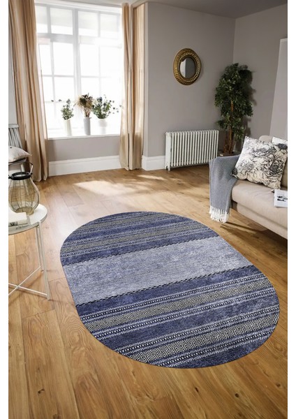 Dijital Kaymaz Yıkanabilir Modern Desen Oval Yolluk Mutfak Salon Halısı, N-O-Modern-83-Mavi, modelleri