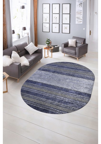 Dijital Kaymaz Yıkanabilir Modern Desen Oval Yolluk Mutfak Salon Halısı, N-O-Modern-83-Mavi, indirimleri