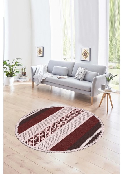 Dijital Kaymaz Taban Yıkanabilir Modern Desen Yuvarlak Mutfak Salon Halısı, N-Y-Modern-18-Bordo,