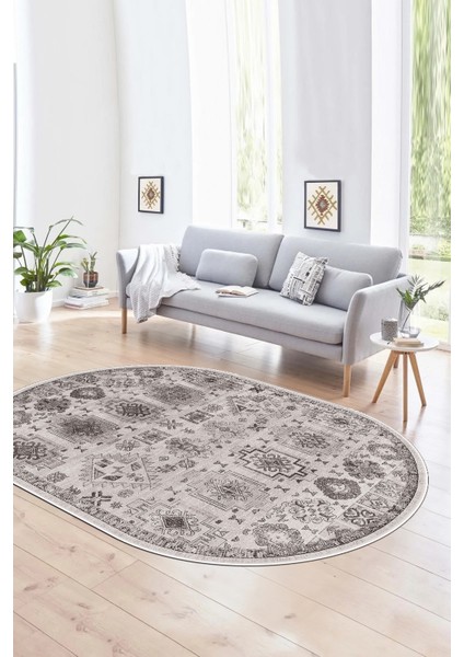 Dijital Kaymaz Yıkanabilir Modern Desen Oval Yolluk Mutfak Salon Halısı, N-O-Modern-29-Gri,