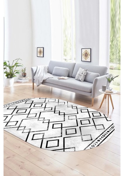 Dijital Kaymaz Yıkanabilir Modern Desen Oval Yolluk Mutfak Salon Halısı, N-O-Modern-91-Siyah,