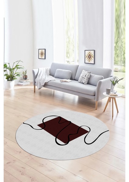 Dijital Kaymaz Taban Yıkanabilir Modern Desen Yuvarlak Mutfak Salon Halısı, N-Y-Modern-61-Bordo,