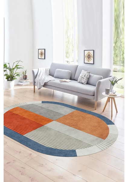 Dijital Kaymaz Yıkanabilir Modern Desen Oval Yolluk Mutfak Salon Halısı, N-O-MODERN-107-RENKLİ,