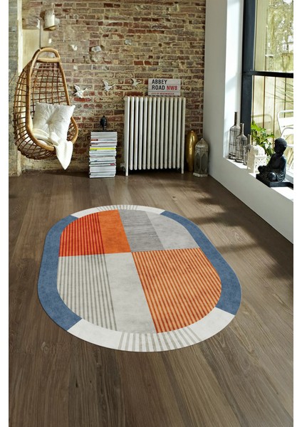 Dijital Kaymaz Yıkanabilir Modern Desen Oval Yolluk Mutfak Salon Halısı, N-O-MODERN-107-RENKLİ, fırsatları