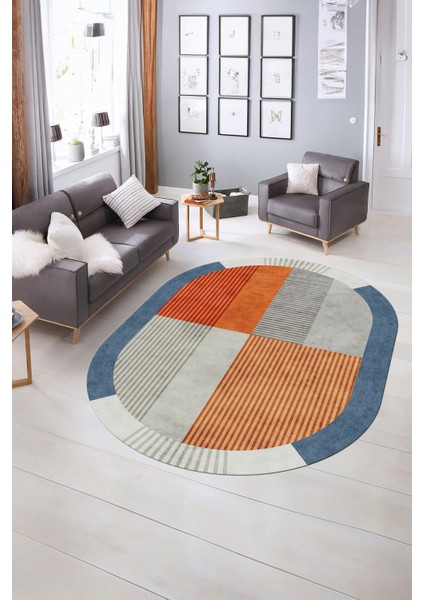 Dijital Kaymaz Yıkanabilir Modern Desen Oval Yolluk Mutfak Salon Halısı, N-O-MODERN-107-RENKLİ, indirimleri