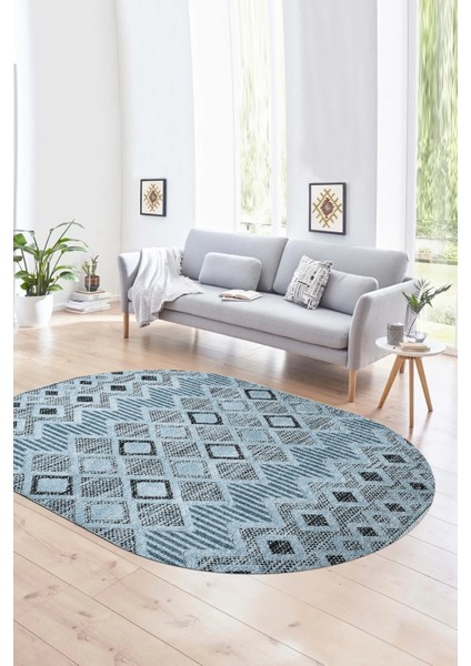 Dijital Kaymaz Yıkanabilir Modern Desen Oval Yolluk Mutfak Salon Halısı, N-O-Modern-67-Mavi,