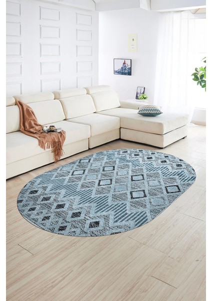 Dijital Kaymaz Yıkanabilir Modern Desen Oval Yolluk Mutfak Salon Halısı, N-O-Modern-67-Mavi, fiyatları