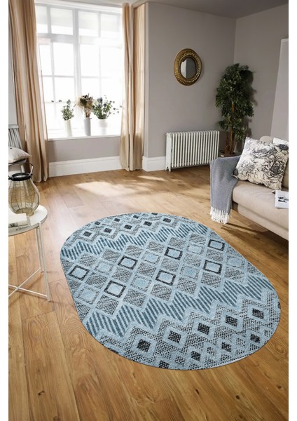 Dijital Kaymaz Yıkanabilir Modern Desen Oval Yolluk Mutfak Salon Halısı, N-O-Modern-67-Mavi, modelleri