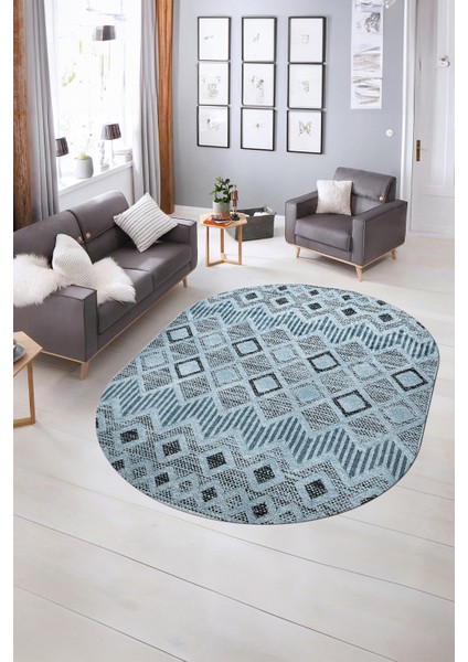 Dijital Kaymaz Yıkanabilir Modern Desen Oval Yolluk Mutfak Salon Halısı, N-O-Modern-67-Mavi, indirimleri