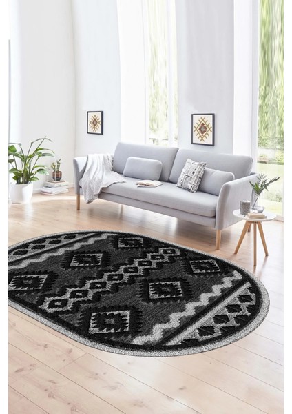 Dijital Kaymaz Yıkanabilir Modern Desen Oval Yolluk Mutfak Salon Halısı, N-O-Modern-68-Antrasit,