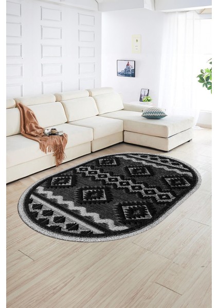 Dijital Kaymaz Yıkanabilir Modern Desen Oval Yolluk Mutfak Salon Halısı, N-O-Modern-68-Antrasit, fiyatları