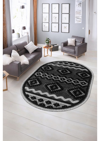Dijital Kaymaz Yıkanabilir Modern Desen Oval Yolluk Mutfak Salon Halısı, N-O-Modern-68-Antrasit, indirimleri