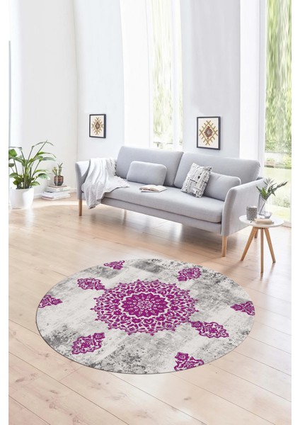 Dijital Kaymaz Taban Yıkanabilir Modern Desen Yuvarlak Mutfak Salon Halısı, N-Y-Modern-45-Mor,