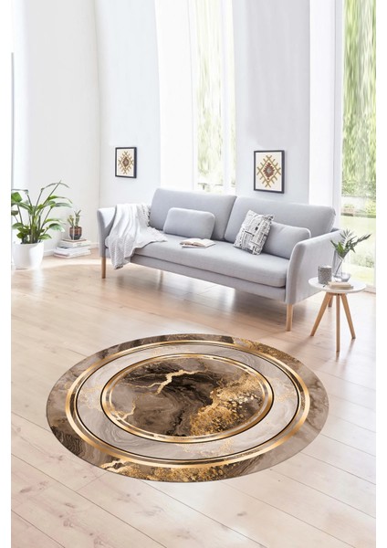 Dijital Kaymaz Taban Yıkanabilir Modern Desen Yuvarlak Mutfak Salon Halısı, N-Y-Modern-46-Kahve,
