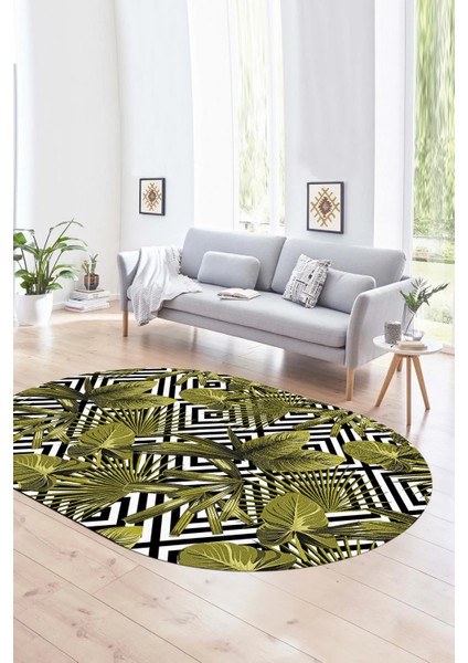 Dijital Kaymaz Yıkanabilir Modern Desen Oval Yolluk Mutfak Salon Halısı, N-O-MODERN-100-SARI,