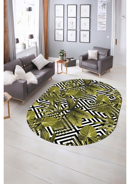 Dijital Kaymaz Yıkanabilir Modern Desen Oval Yolluk Mutfak Salon Halısı, N-O-MODERN-100-SARI, indirimleri