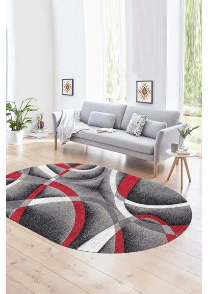 Dijital Kaymaz Yıkanabilir Modern Desen Oval Yolluk Mutfak Salon Halısı, N-O-Modern-97-Kırmızı,