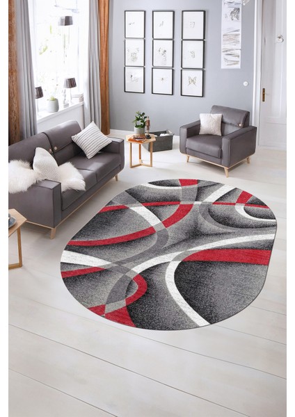 Dijital Kaymaz Yıkanabilir Modern Desen Oval Yolluk Mutfak Salon Halısı, N-O-Modern-97-Kırmızı, indirimleri