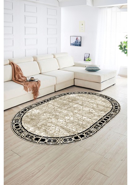 Dijital Kaymaz Yıkanabilir Modern Desen Oval Yolluk Mutfak Salon Halısı, N-O-MODERN-118-BEJ, fiyatları