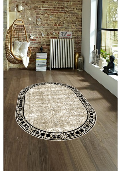Dijital Kaymaz Yıkanabilir Modern Desen Oval Yolluk Mutfak Salon Halısı, N-O-MODERN-118-BEJ, fırsatları