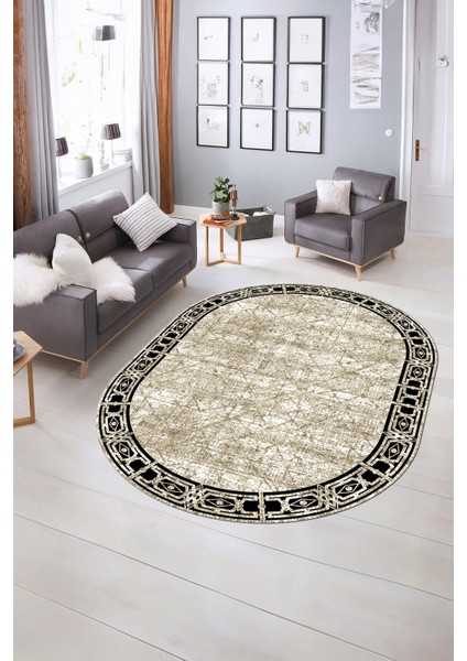 Dijital Kaymaz Yıkanabilir Modern Desen Oval Yolluk Mutfak Salon Halısı, N-O-MODERN-118-BEJ, indirimleri