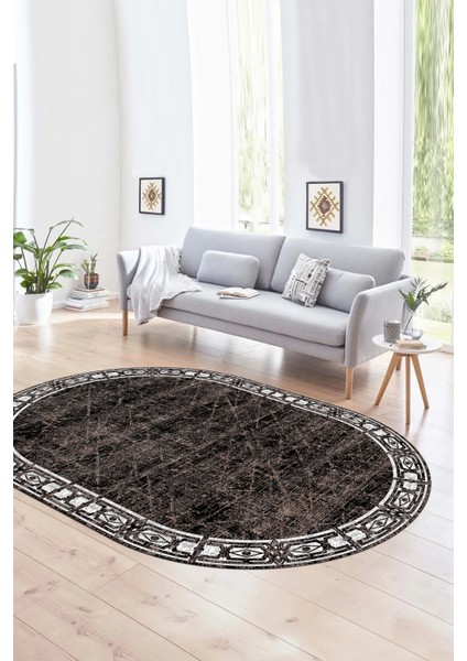 Dijital Kaymaz Yıkanabilir Modern Desen Oval Yolluk Mutfak Salon Halısı, N-O-MODERN-118-KAHVE,