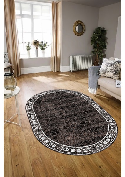 Dijital Kaymaz Yıkanabilir Modern Desen Oval Yolluk Mutfak Salon Halısı, N-O-MODERN-118-KAHVE, modelleri