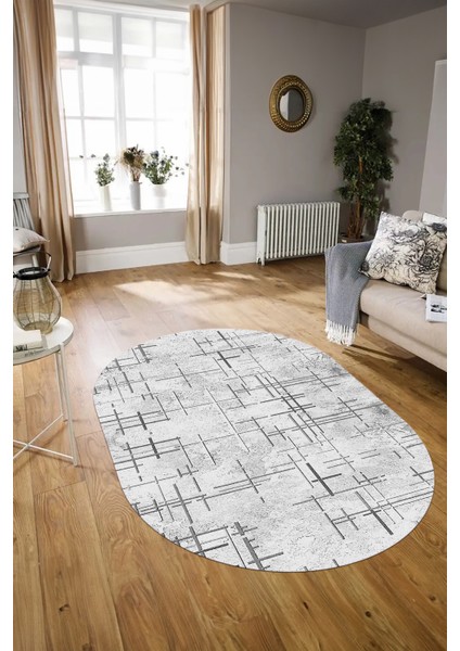 Dijital Kaymaz Yıkanabilir Modern Desen Oval Yolluk Mutfak Salon Halısı, N-O-Modern-89-Gri, modelleri