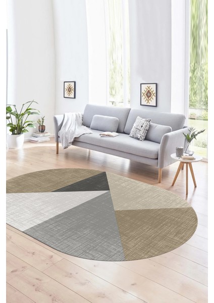 Dijital Kaymaz Yıkanabilir Modern Desen Oval Yolluk Mutfak Salon Halısı, N-O-Modern-38-Kahve,