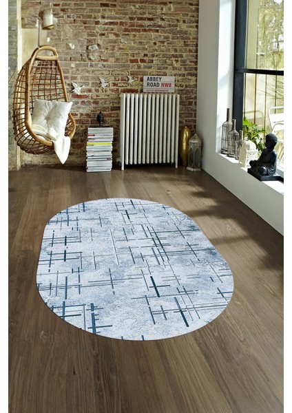 Dijital Kaymaz Yıkanabilir Modern Desen Oval Yolluk Mutfak Salon Halısı, N-O-Modern-89-Mavi, fırsatları