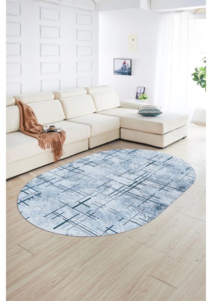 Dijital Kaymaz Yıkanabilir Modern Desen Oval Yolluk Mutfak Salon Halısı, N-O-Modern-89-Mavi, fiyatları