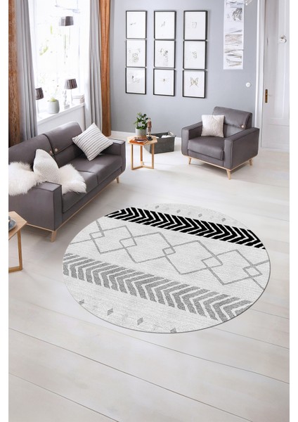 Dijital Kaymaz Taban Yıkanabilir Modern Desen Yuvarlak Mutfak Salon Halısı, N-Y-Modern-75-Gri,