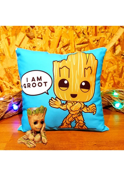 Baby Groot Yastık ve Groot Biblo Mumluk Saksı Hediye Seti